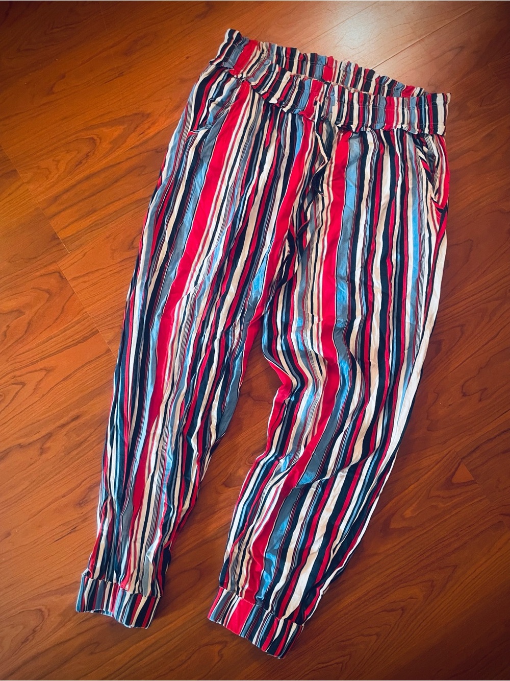 RARE VTG 80s Happy Legs Pants Red White Blue Stripe Cotton Baggy Festival L XL